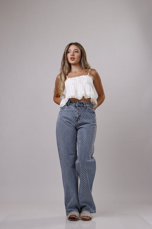 Rhinestone straight cut jeans