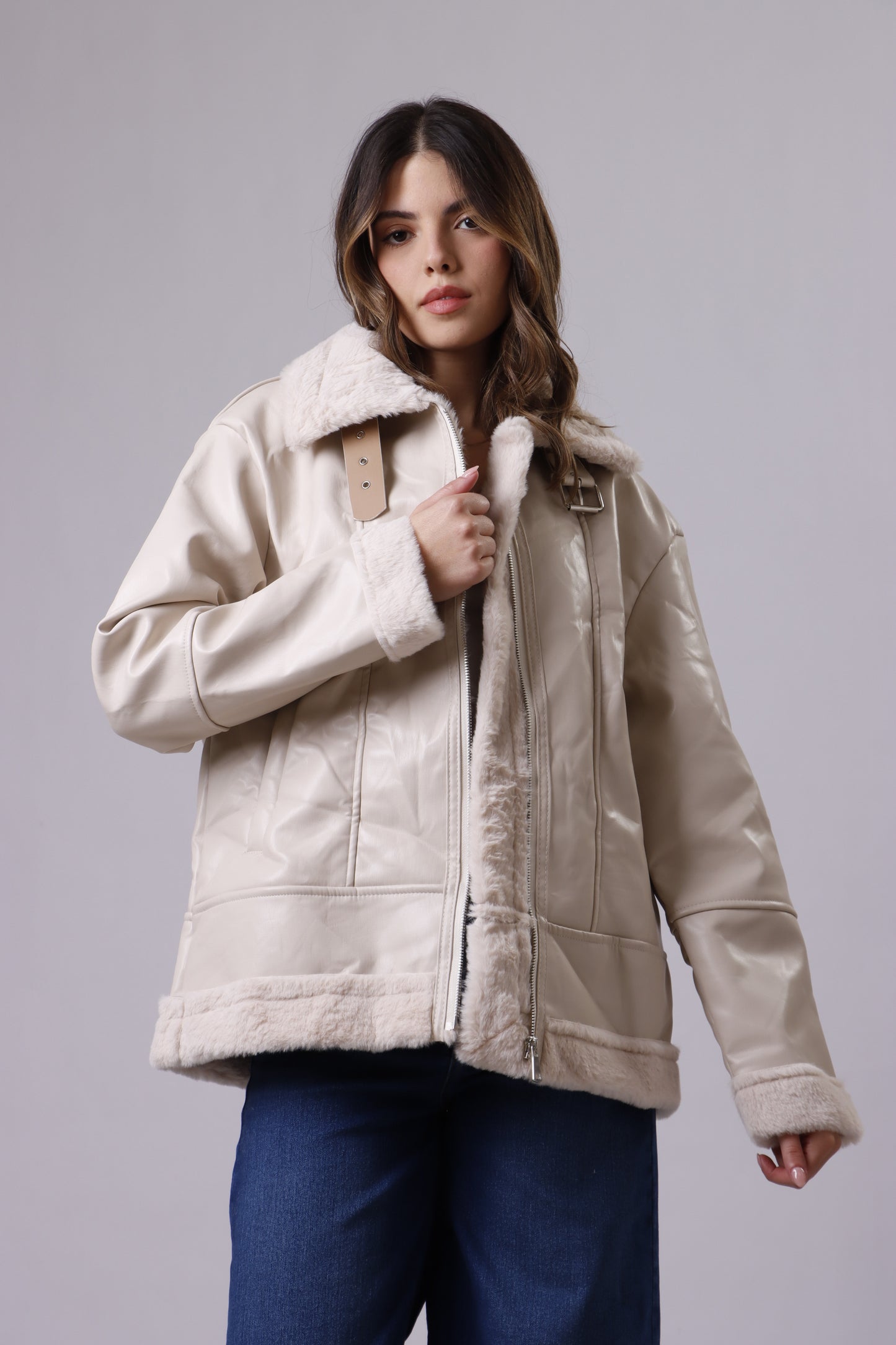 Neck belted beige leather jacket