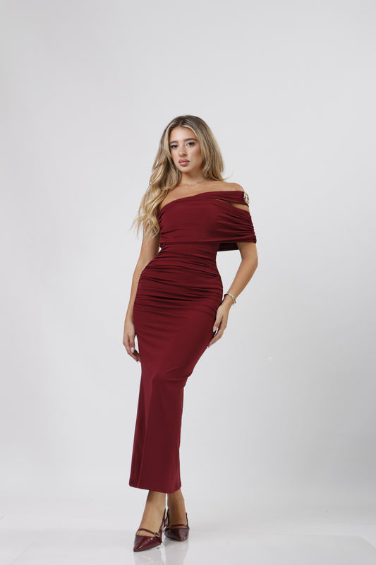 One shoulder dress with gold button