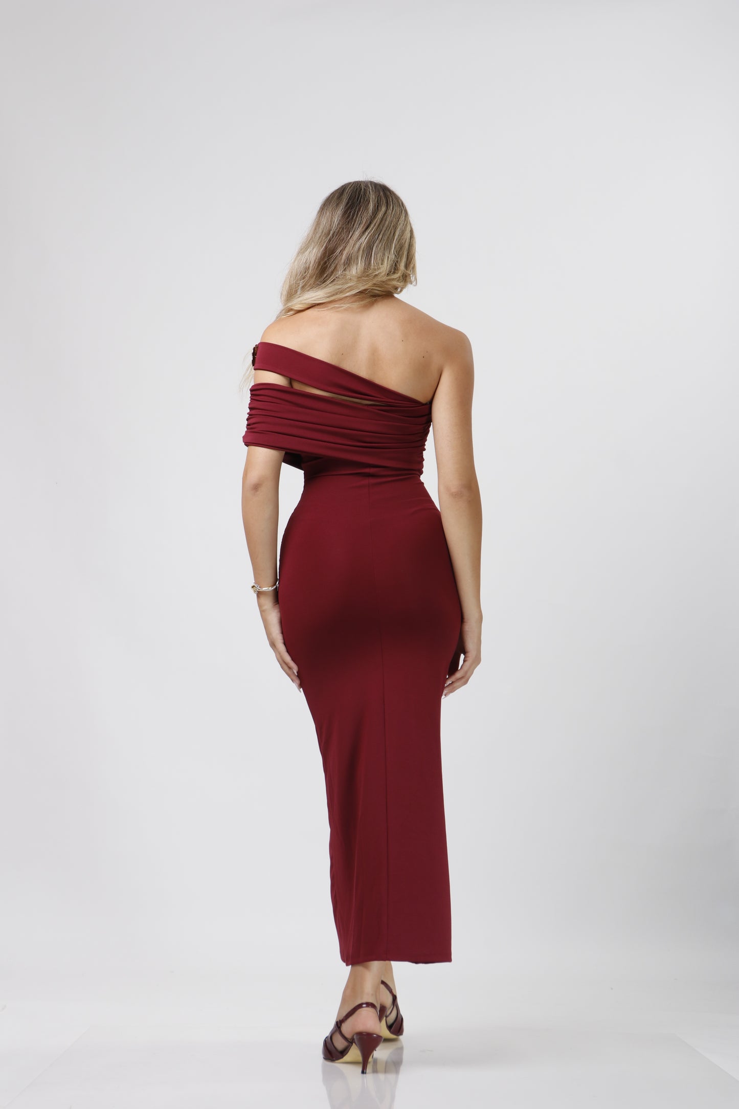 One shoulder dress with gold button