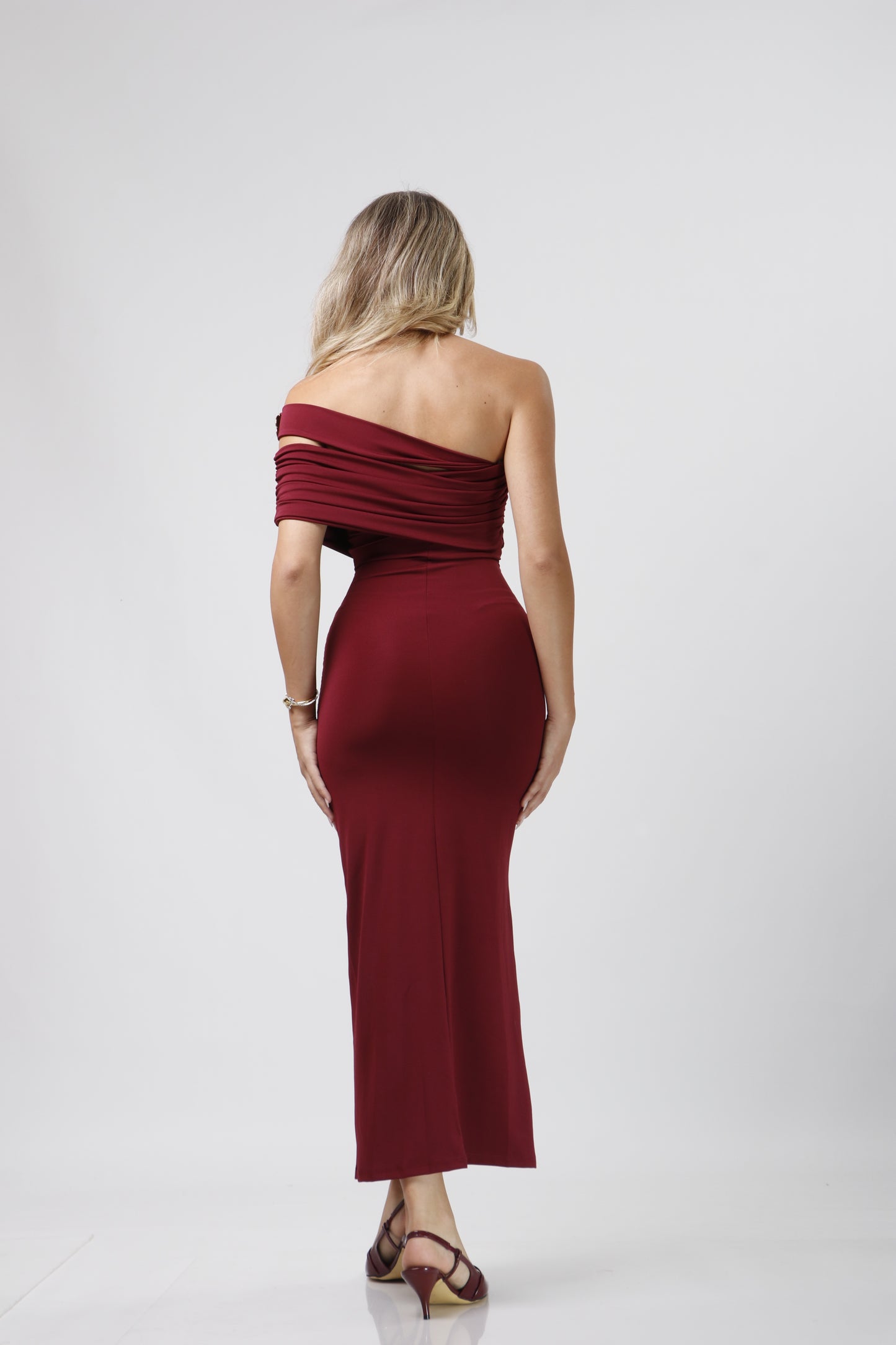 One shoulder dress with gold button