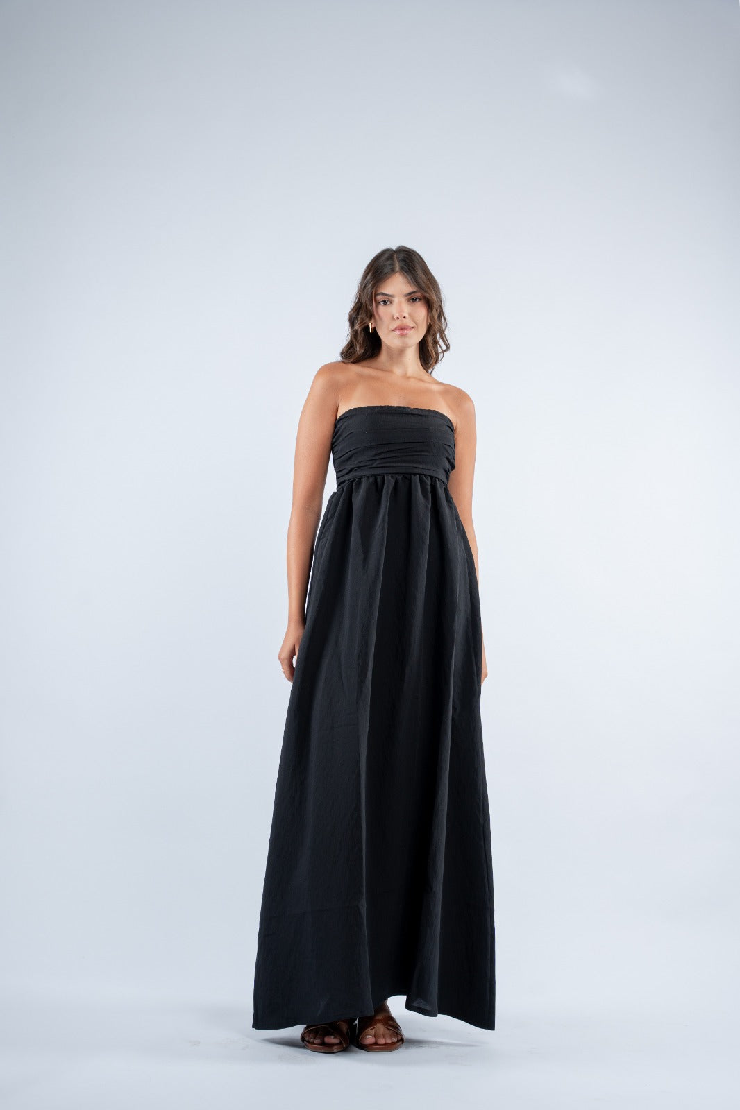 Ruched strapless maxi dress