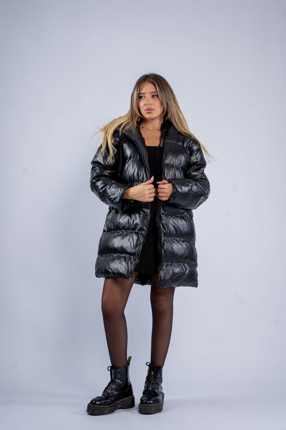 Midi leather puffer jacket
