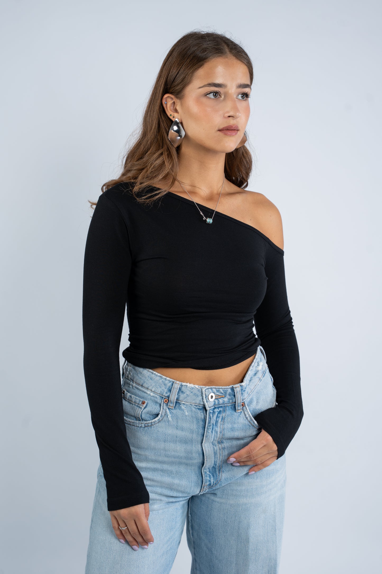 Long sleeve asymmetric shoulder top