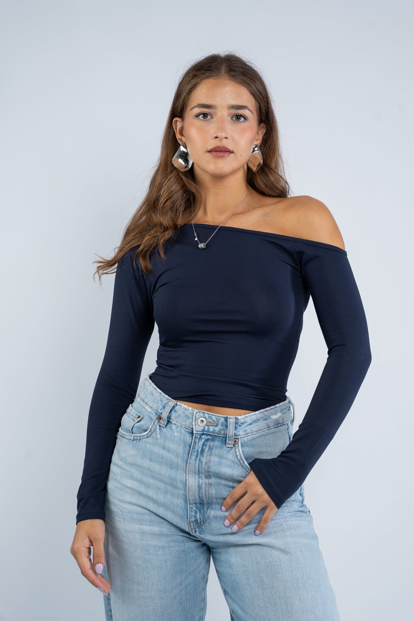 Long sleeve asymmetric shoulder top