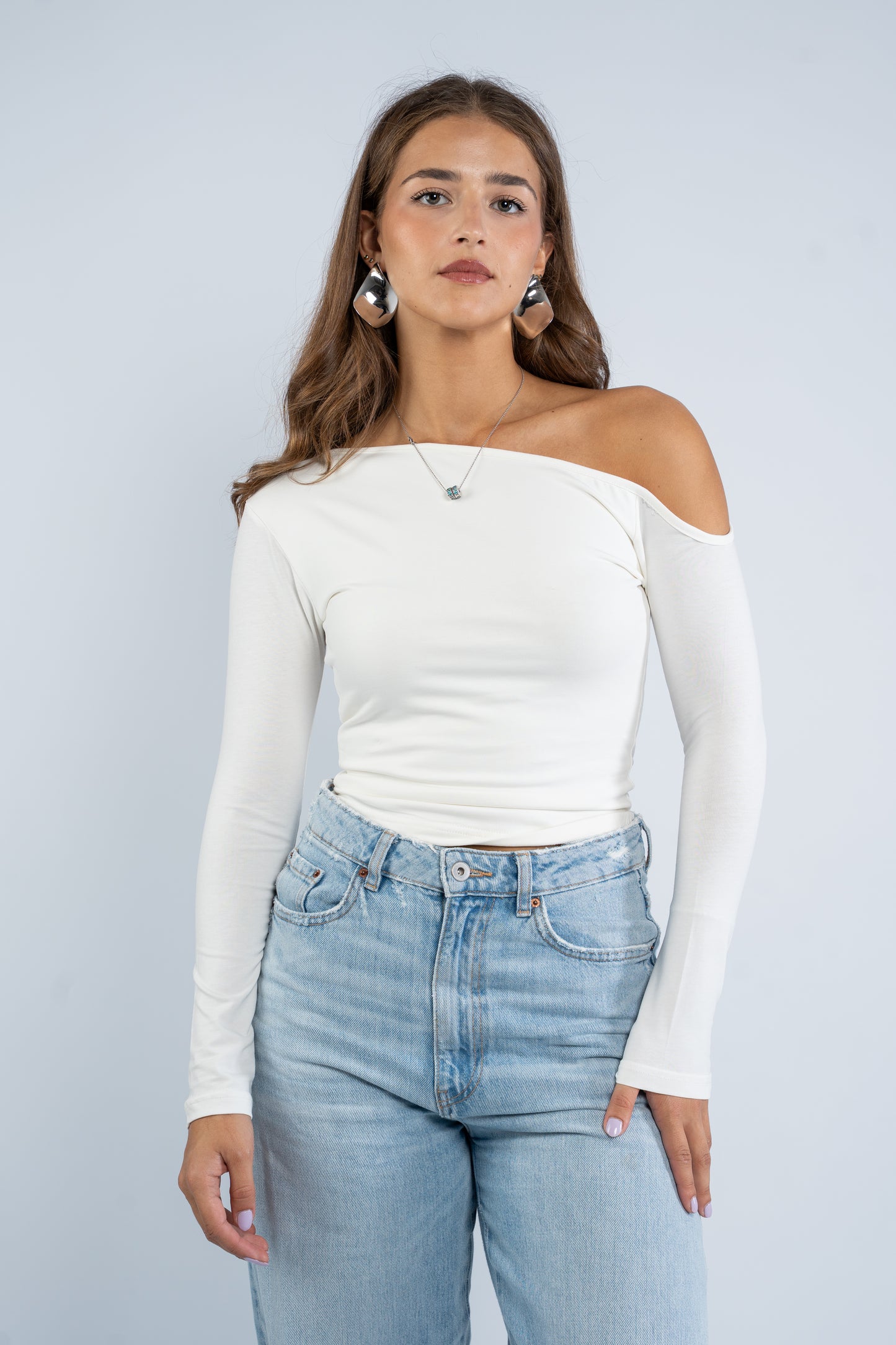 Long sleeve asymmetric shoulder top
