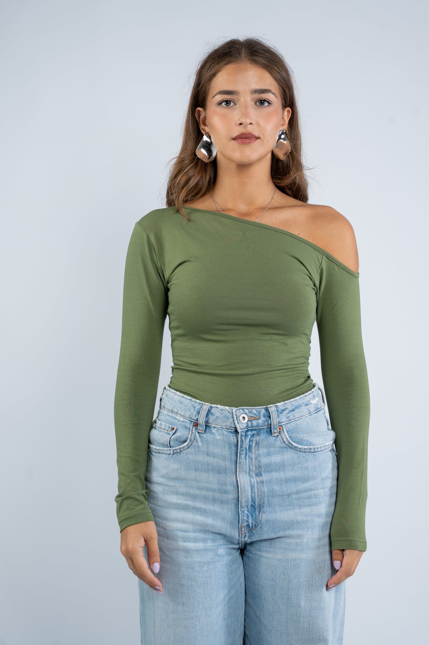 Long sleeve asymmetric shoulder top