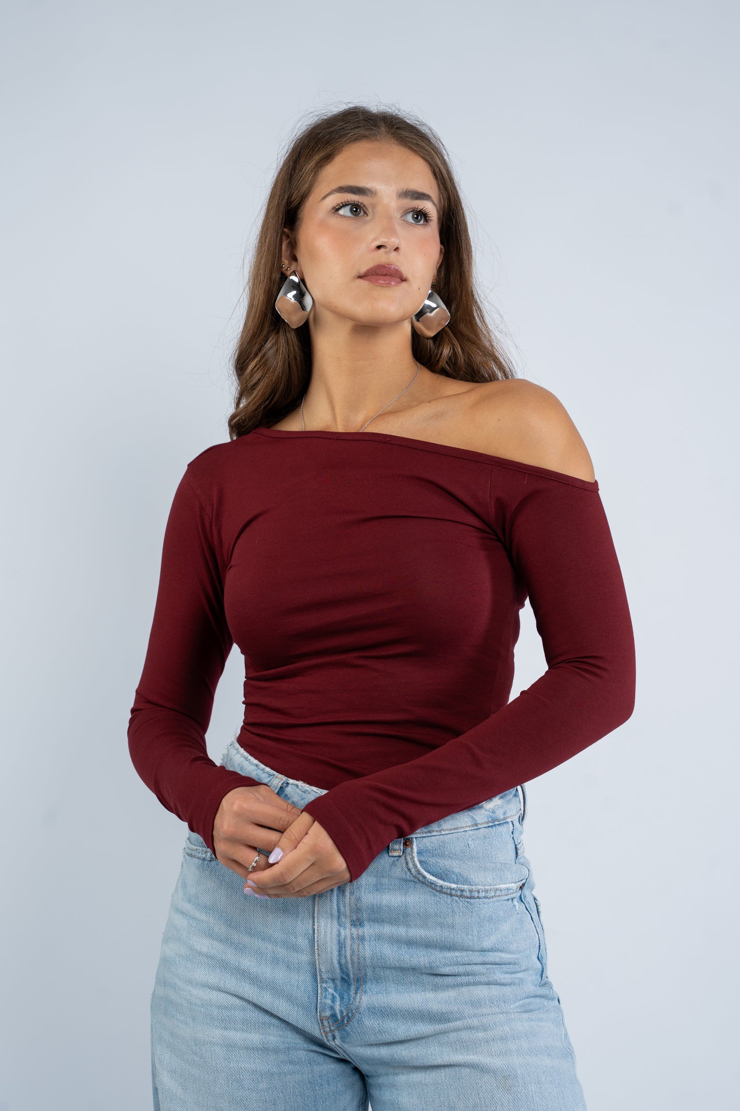 Long sleeve asymmetric shoulder top