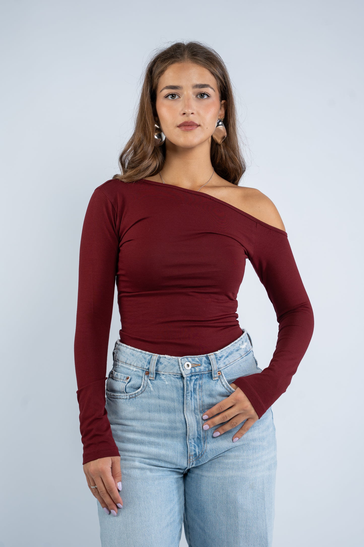 Long sleeve asymmetric shoulder top