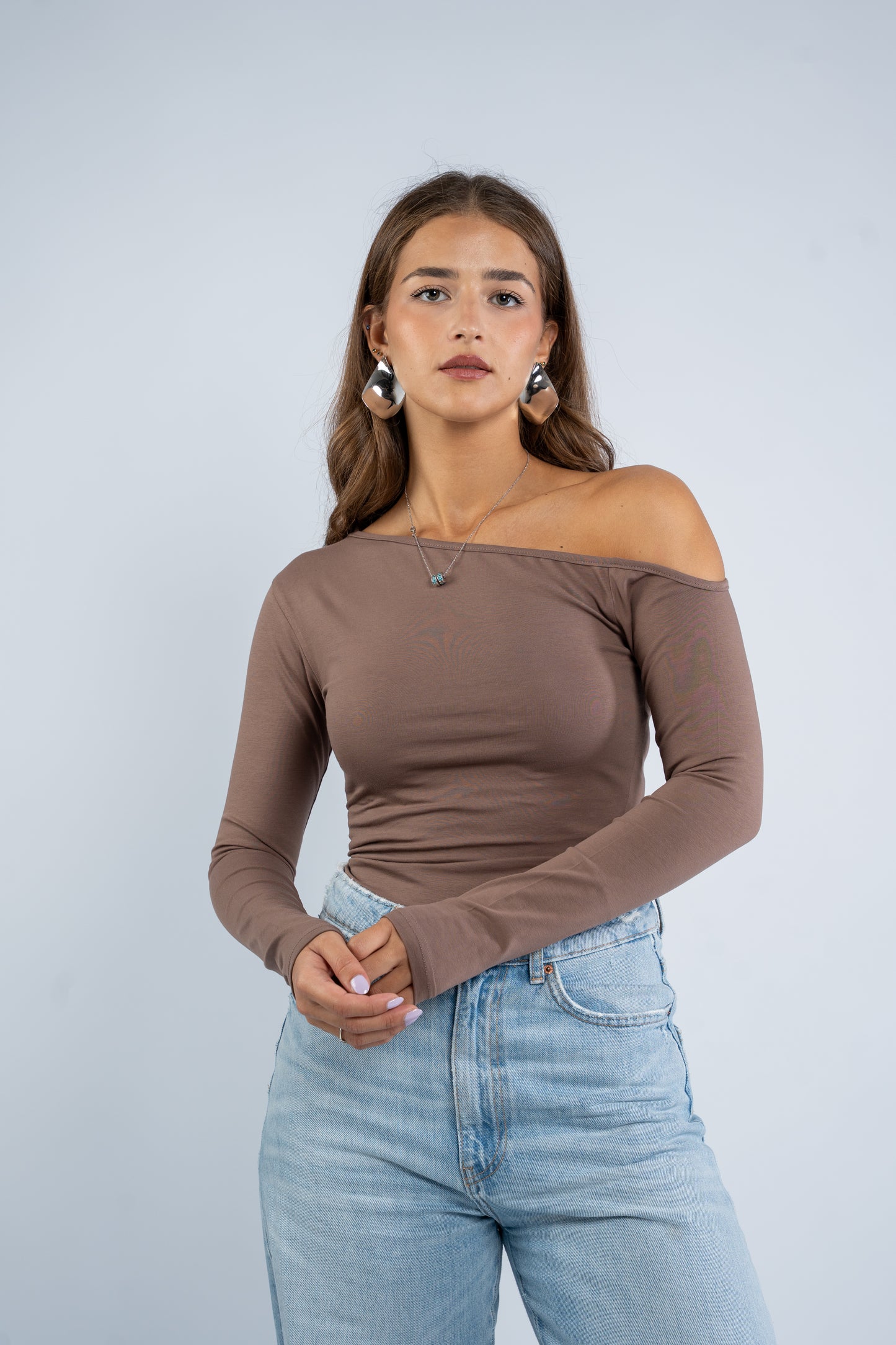 Long sleeve asymmetric shoulder top