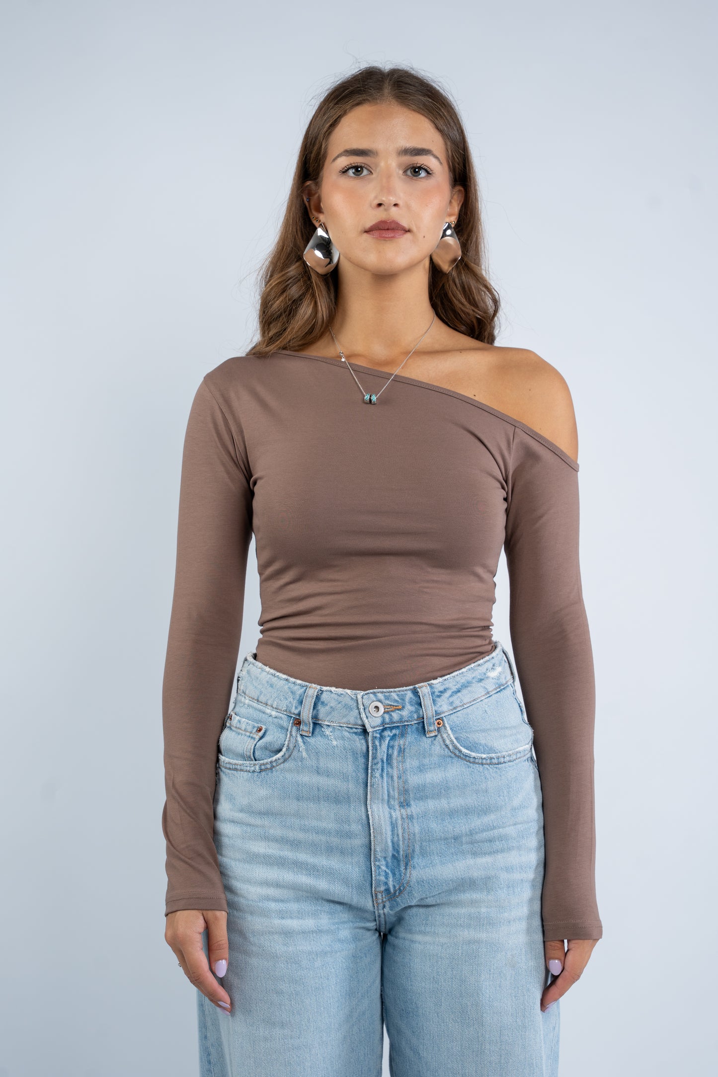 Long sleeve asymmetric shoulder top